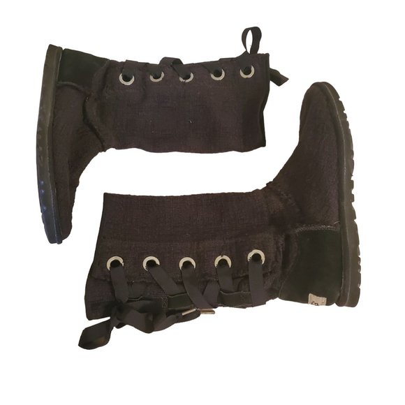 Ugg 8‎ Black Knit Winter Boots 1000693 Back Lace Up Sheepskin HEIRLOOM - Picture 2 of 9
